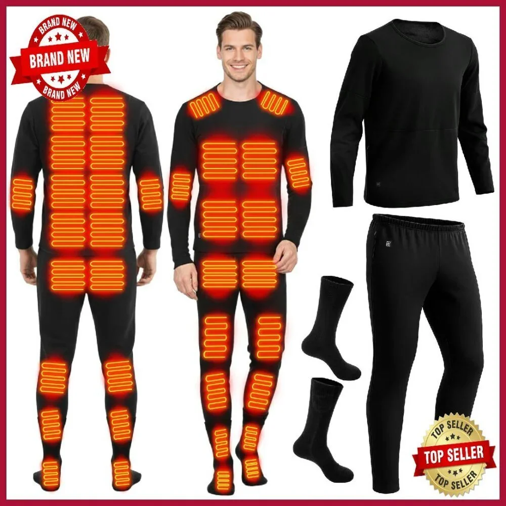 USB Heated Thermal Underwear & Socks Set Men's Large Winter Outdoor